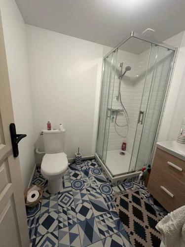 une salle de bain avec toilettes et douche en verre dans l'établissement Ananda, au Mans