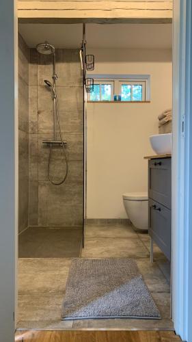 a bathroom with a shower and a sink at Damwildfarm in Rollerbü Südschweden in Tyringe