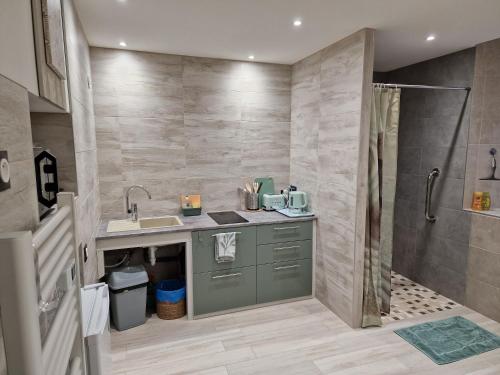 a bathroom with a sink and a shower at Votre gîte au Domaine du Lynx in Baume-les-Messieurs