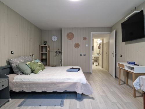 a bedroom with a bed and a television on the wall at Votre gîte au Domaine du Lynx in Baume-les-Messieurs