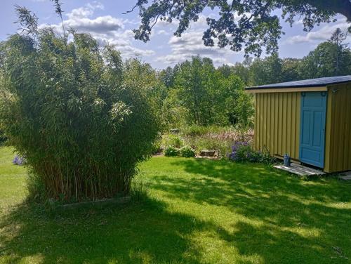 a garden with a small shed and a bush at Damwildfarm in Rollerbü Südschweden in Tyringe