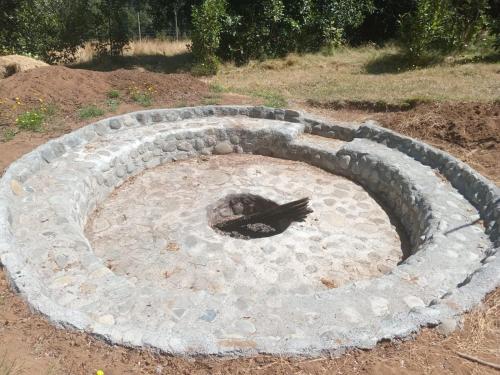a stone fire pit with a bird sitting in it at CABAÑA DOMO EN VILLARICA TERRADOMOS AFUNALHUe in Nalcahue