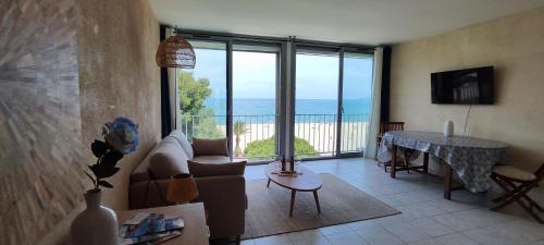 un salon avec un canapé et une vue sur l'océan dans l'établissement Studio face mer, cœur festif !, à Argelès-sur-Mer