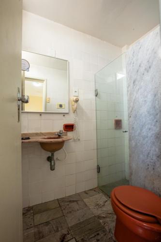 a bathroom with a toilet and a sink and a mirror at Rede Andrade Jangadeiro in Aracaju