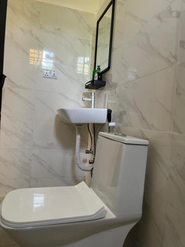 a bathroom with a white toilet and a sink at Spacious Room in Paje in Paje