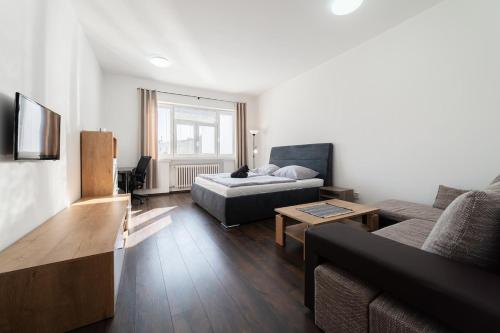 a living room with a couch and a table at No8 Spacious City Center Apartment in Bratislava