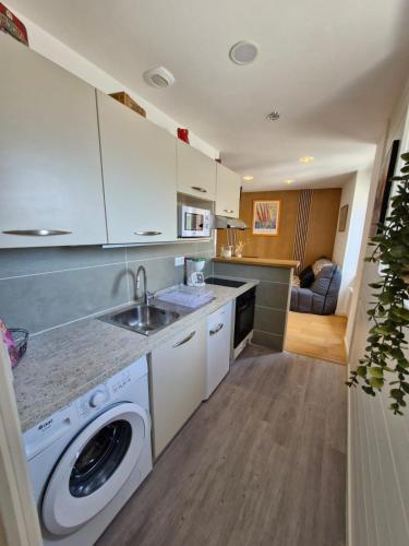 une cuisine avec un évier et une machine à laver dans l'établissement L étoile de mer, à Saint-Pair-sur-Mer