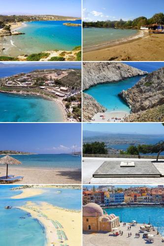 four different pictures of a beach and the ocean at Evan's place in Chorafakia