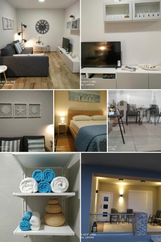 a collage of photos of a living room and a bedroom at Evan's place in Chorafakia