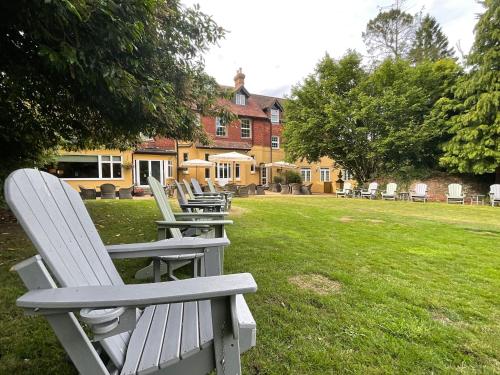 a row of lawn chairs sitting in the grass at Moorhill House Hotel in Burley