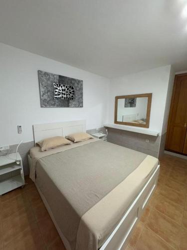 a bedroom with a large bed with a mirror at Villa Luna in Corralejo