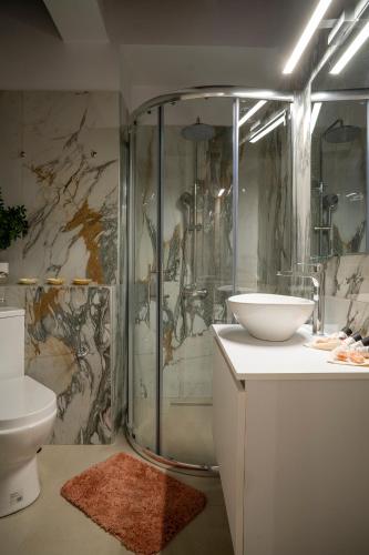 a bathroom with a shower and a sink and a toilet at Tsolias Stone House 2 in Palekastron
