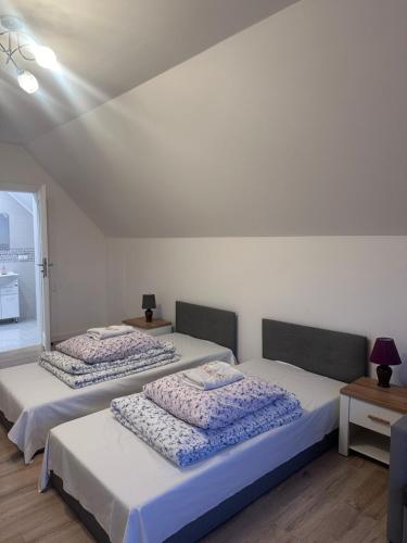 two twin beds in a room with a window at Pod Dębem in Zabrzeź
