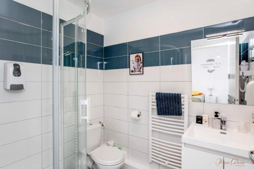 a bathroom with a shower and a toilet and a sink at L Escale in Ports
