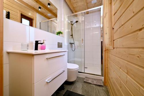 a bathroom with a toilet and a shower at GOŁOSANKA - Domki nad Potokiem - NOWOŚĆ 2024 in Berezka