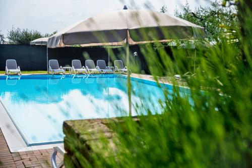 a swimming pool with chairs and an umbrella at Hotel Mary Rose in Lazise