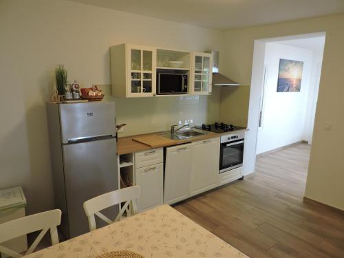 a kitchen with a refrigerator and a sink and a table at Apartments Villa Elma in Mošćenička Draga