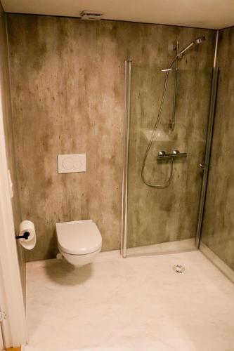a bathroom with a shower and a toilet at New apartment close to Preikestolen in Strand