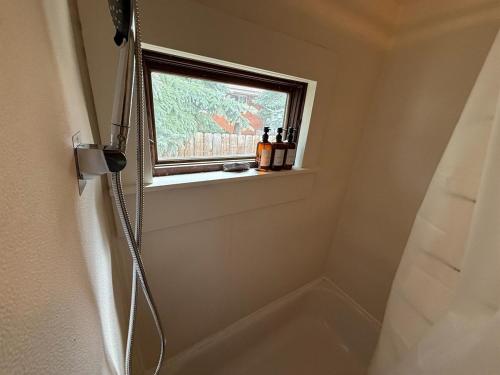 a bathroom with a shower and a window at New Listing, Blue Cabin, Downtown, Cozy Getaway in Driggs