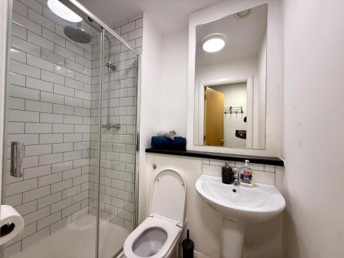 a bathroom with a toilet and a sink and a mirror at Near City Liverpool Studio in Liverpool