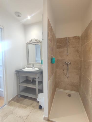 a bathroom with a sink and a shower at La Redorte Appartement au château 8 in Laredorte