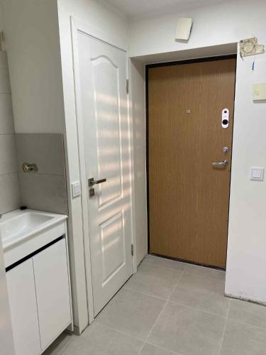 a kitchen with a door and a sink and a counter at Gelezinis in Vilnius