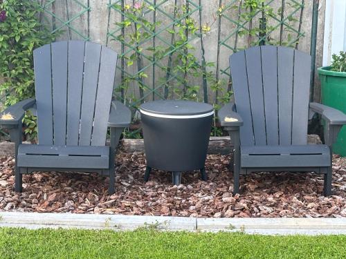two chairs and a table in a yard at Am Storchennest in Ahrenshagen