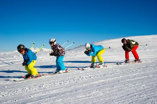 a group of people skiing down a snow covered slope at Naturhotel Hüttenwirt im Grossarltal in Hüttschlag