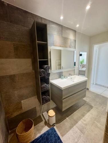 une salle de bain avec un lavabo et un miroir dans l'établissement Appartement 3 Chambres, terrasse privée, piscine, parking, à Saint-Rémy-de-Provence
