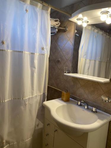 a bathroom with a sink and a shower curtain at Jardín del Mar in Playa Unión