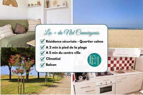 un collage d'images d'une cuisine et d'un panneau dans l'établissement Le Nid Camarguais, au Grau-du-Roi