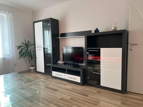 a living room with a black entertainment center with a tv at Apartma Rekar - a house, where you can relax in the embrace of nature in Jesenice