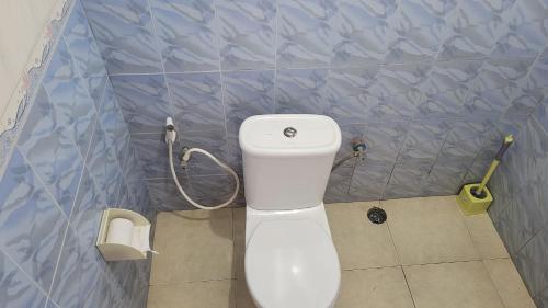 a bathroom with a white toilet in a blue tiled wall at Milele Homestay in Boma la Ngombe