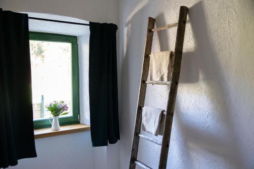 a wooden ladder leaning against a wall next to a window at Golavškov mlin in Prebold