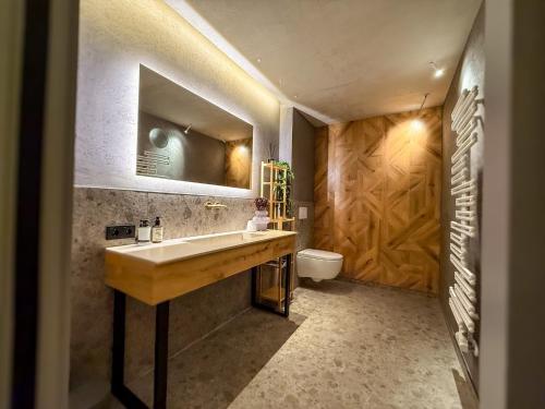 a bathroom with a sink and a toilet at zum Senner Suites Zillertal in Schlitters