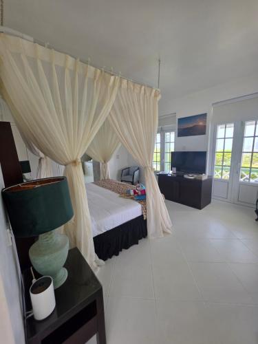 una camera da letto con letto, tende e divano di Large Beautiful Villa with Ocean Views and private pool - 3 Bedroom Listing a Cap Estate