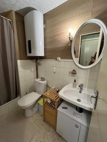 une salle de bain avec toilettes, lavabo et miroir dans l'établissement Joana's House, à La Grande Motte