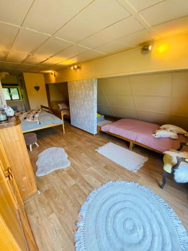 a room with two bunk beds and a rug at Chatička Žloukovice in Nižbor