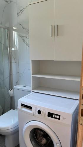 a washing machine in a bathroom with a toilet at Bella Katerina in Faskomiliá