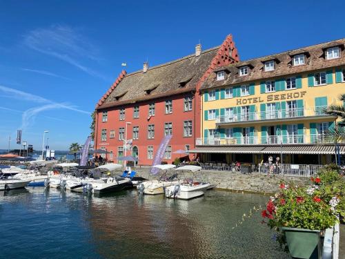 a group of boats in a marina in front of a building at Kleine Perle mit Bodenseeblick und Sonnenterrasse in Daisendorf
