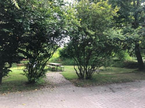 a park with a picnic table and trees at Chalet by Beach and Harbor with Terrace in Well