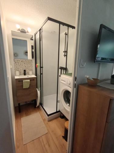 une salle de bain avec douche et machine à laver dans l'établissement Jolie maisonnette dans résidence calme avec piscine, au Barcarès