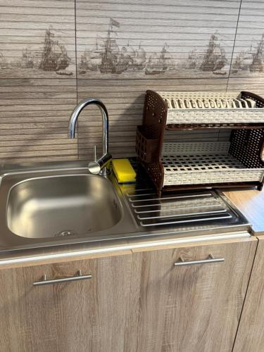 a sink in a kitchen with a metal sinkiterator at Casuta Alga Sulina in Sulina
