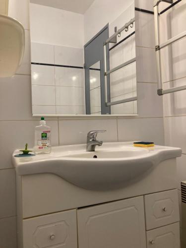 une salle de bain avec un lavabo et un miroir dans l'établissement Grand T2 à Gruissan, calme, vue sur le port, à Gruissan