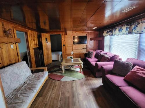 a living room with couches and a table at The Honey Bear Cabins in Lincoln Junction