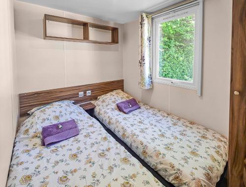 deux lits dans une petite pièce avec une fenêtre dans l'établissement Cerisya, terrasse semi couverte, à Litteau