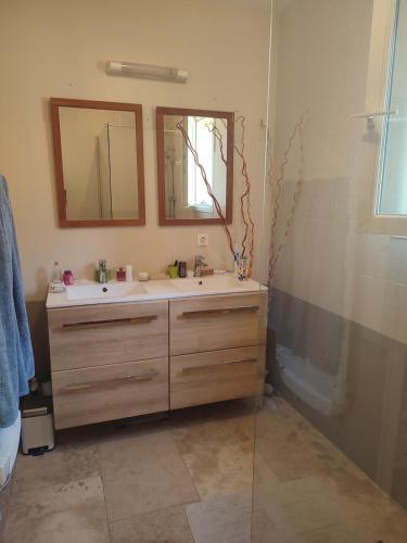 une salle de bain avec un lavabo et un miroir dans l'établissement Les jardins de Vacqueyras, à Vacqueyras