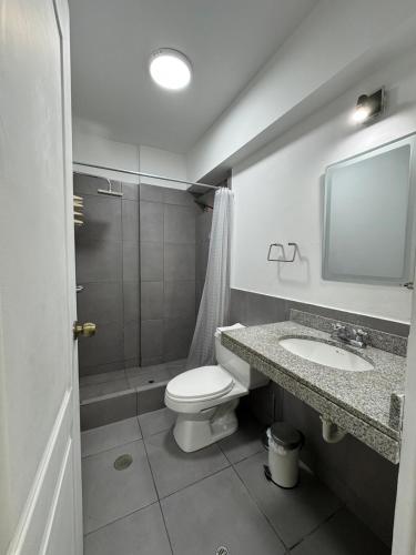a bathroom with a toilet and a sink and a shower at Style and location in Miraflores by AG in Lima