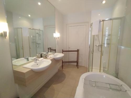 チェルトナムにあるBadger Towersの洗面台2つとシャワー付きのバスルーム