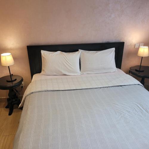 1 dormitorio con 1 cama con almohadas blancas y 2 lámparas en Herb studio in Casablanca (800 m from Casavoyageurs station), en Casablanca